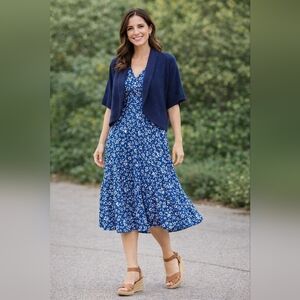 Croft & Barrow Navy Loose Weave Short Sleeve Cropped Cardigan Size Medium